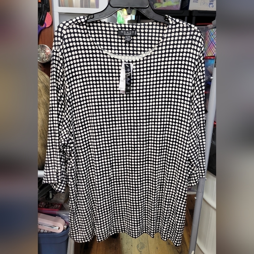 Grace 3/4 Sleeve Black White Polka Dot Tunic Top 2XL